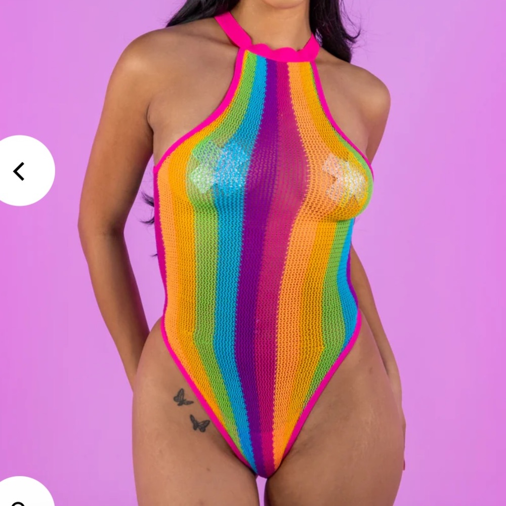 Ravewonderland rainbow fishnet body suit